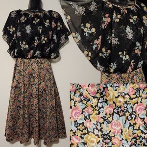 Vintage 70s Phase One Fashions Nylon Mesh Batwing Floral Summer Dress SZ S